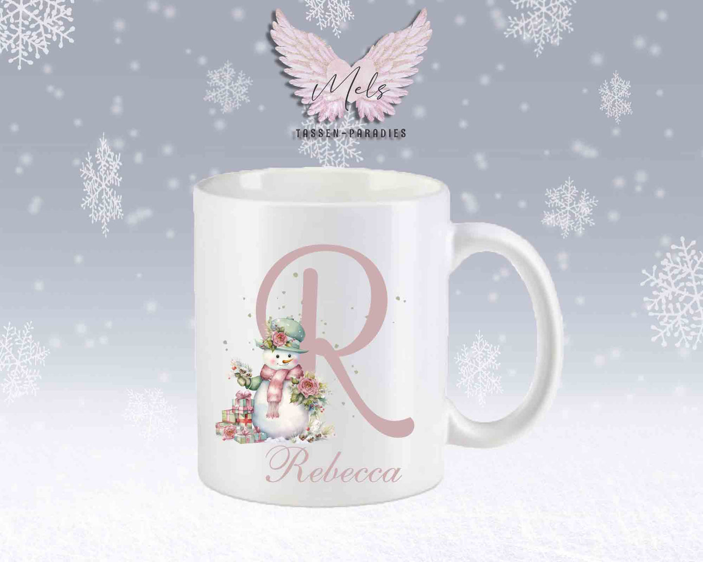 Schneemann Rosa-Alphabet mit Name - Personalisierte Keramik-Tasse Weiß-Matt