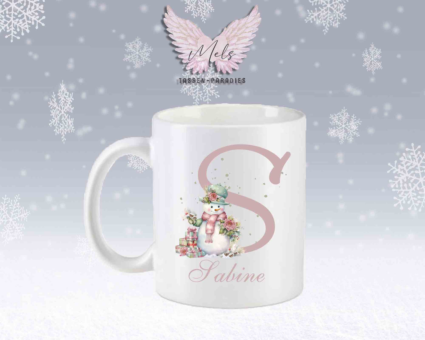 Schneemann Rosa-Alphabet mit Name - Personalisierte Keramik-Tasse Weiß-Matt