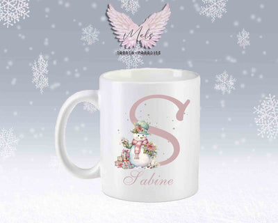 Schneemann Rosa-Alphabet mit Name - Personalisierte Keramik-Tasse Weiß-Matt