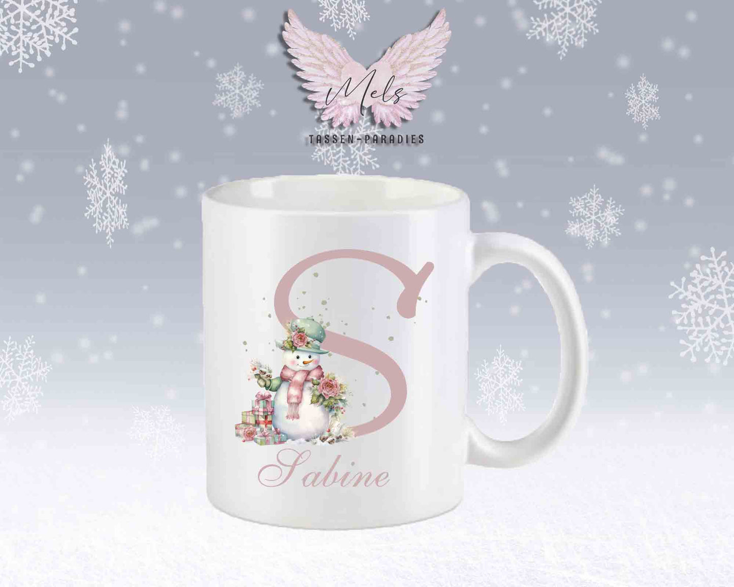 Schneemann Rosa-Alphabet mit Name - Personalisierte Keramik-Tasse Weiß-Matt