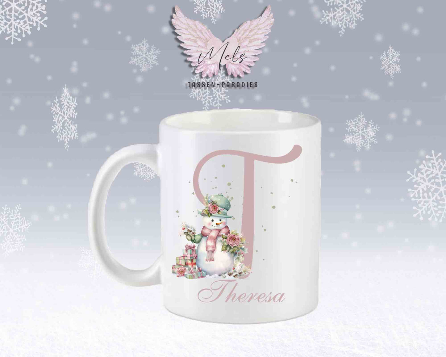 Schneemann Rosa-Alphabet mit Name - Personalisierte Keramik-Tasse Weiß-Matt