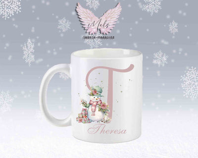 Schneemann Rosa-Alphabet mit Name - Personalisierte Keramik-Tasse Weiß-Matt