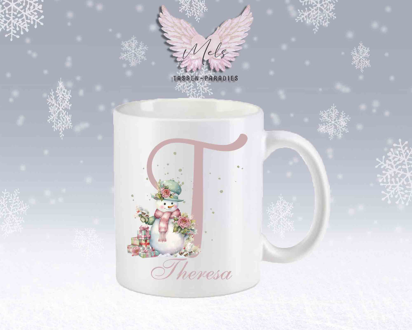 Schneemann Rosa-Alphabet mit Name - Personalisierte Keramik-Tasse Weiß-Matt