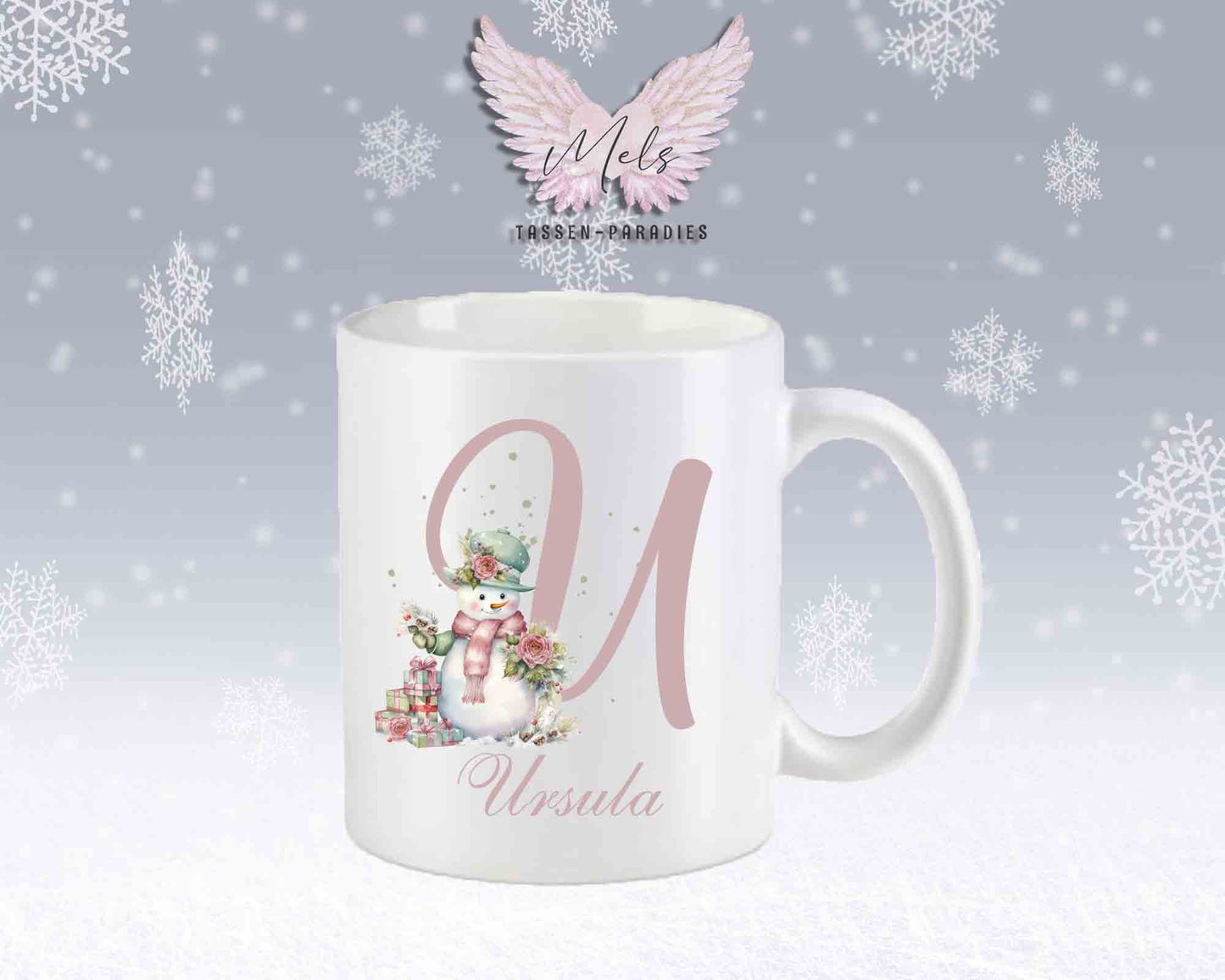 Schneemann Rosa-Alphabet mit Name - Personalisierte Keramik-Tasse Weiß-Matt