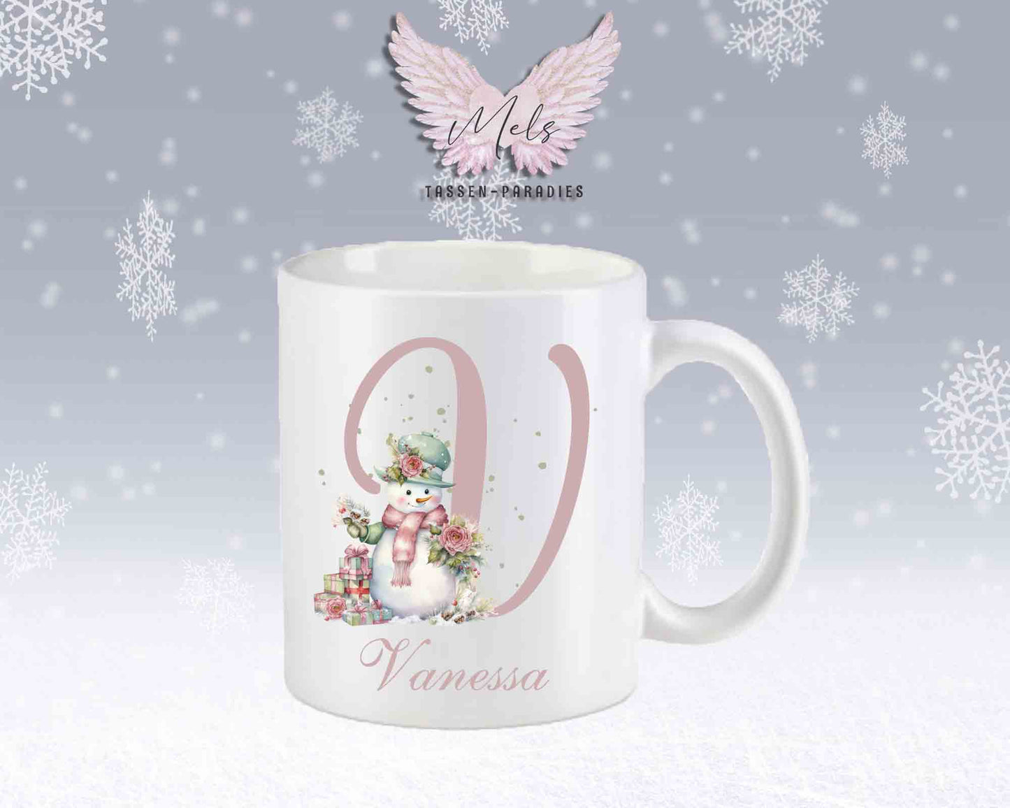 Schneemann Rosa-Alphabet mit Name - Personalisierte Keramik-Tasse Weiß-Matt