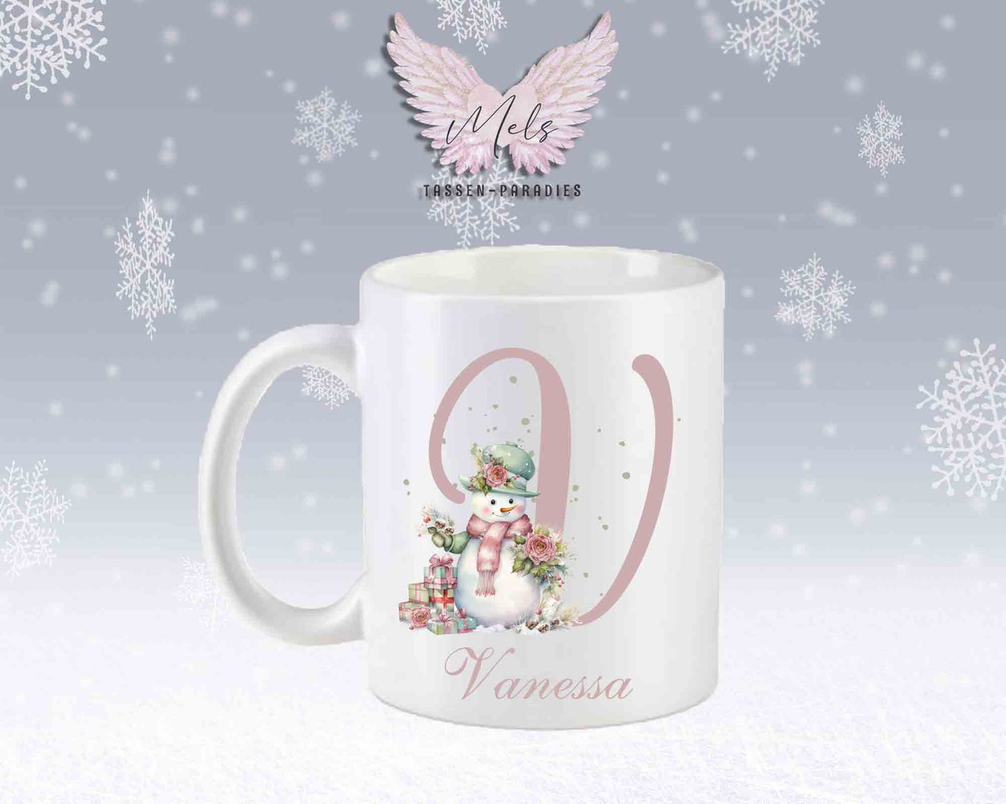 Schneemann Rosa-Alphabet mit Name - Personalisierte Keramik-Tasse Weiß-Matt