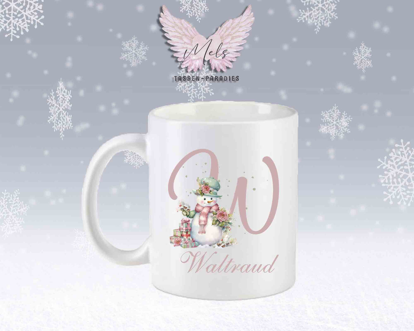 Schneemann Rosa-Alphabet mit Name - Personalisierte Keramik-Tasse Weiß-Matt