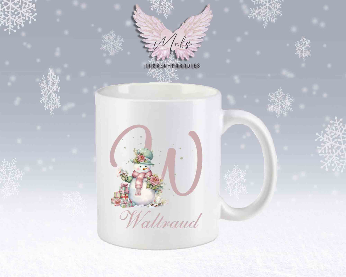 Schneemann Rosa-Alphabet mit Name - Personalisierte Keramik-Tasse Weiß-Matt