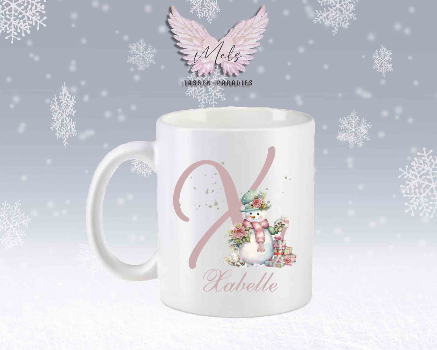 Schneemann Rosa-Alphabet mit Name - Personalisierte Keramik-Tasse Weiß-Matt