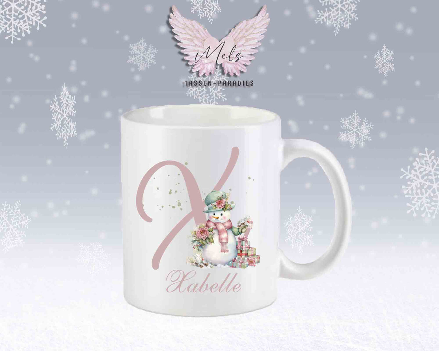 Schneemann Rosa-Alphabet mit Name - Personalisierte Keramik-Tasse Weiß-Matt