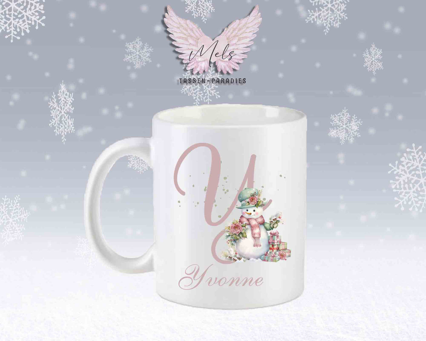 Schneemann Rosa-Alphabet mit Name - Personalisierte Keramik-Tasse Weiß-Matt