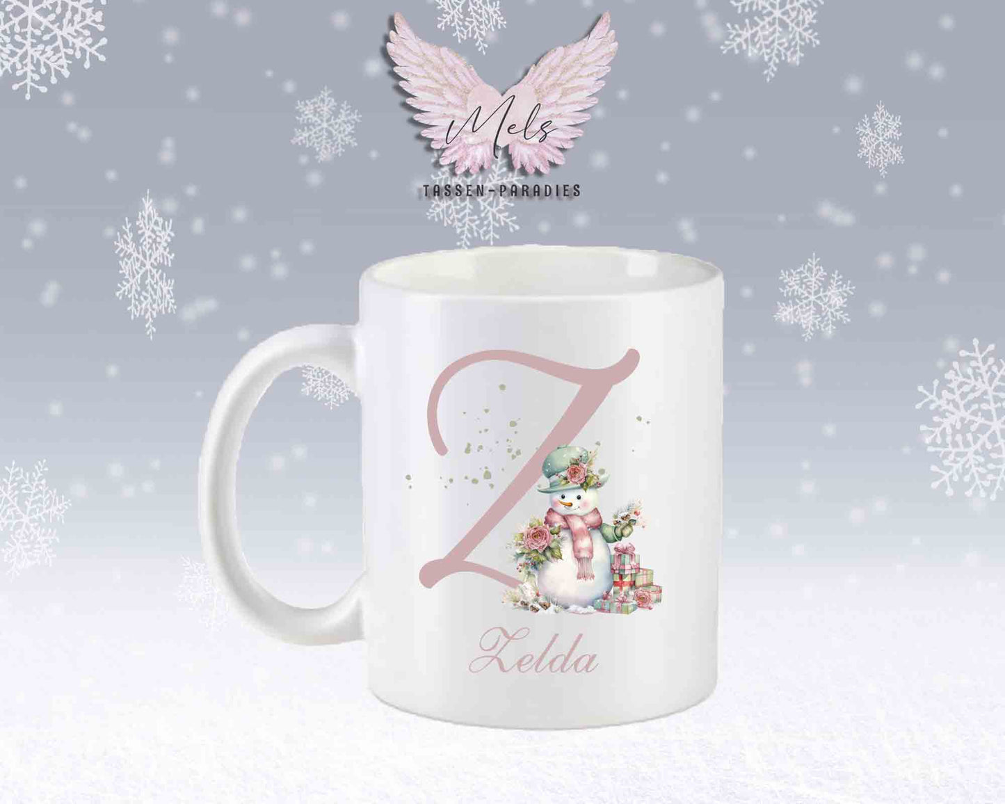 Schneemann Rosa-Alphabet mit Name - Personalisierte Keramik-Tasse Weiß-Matt