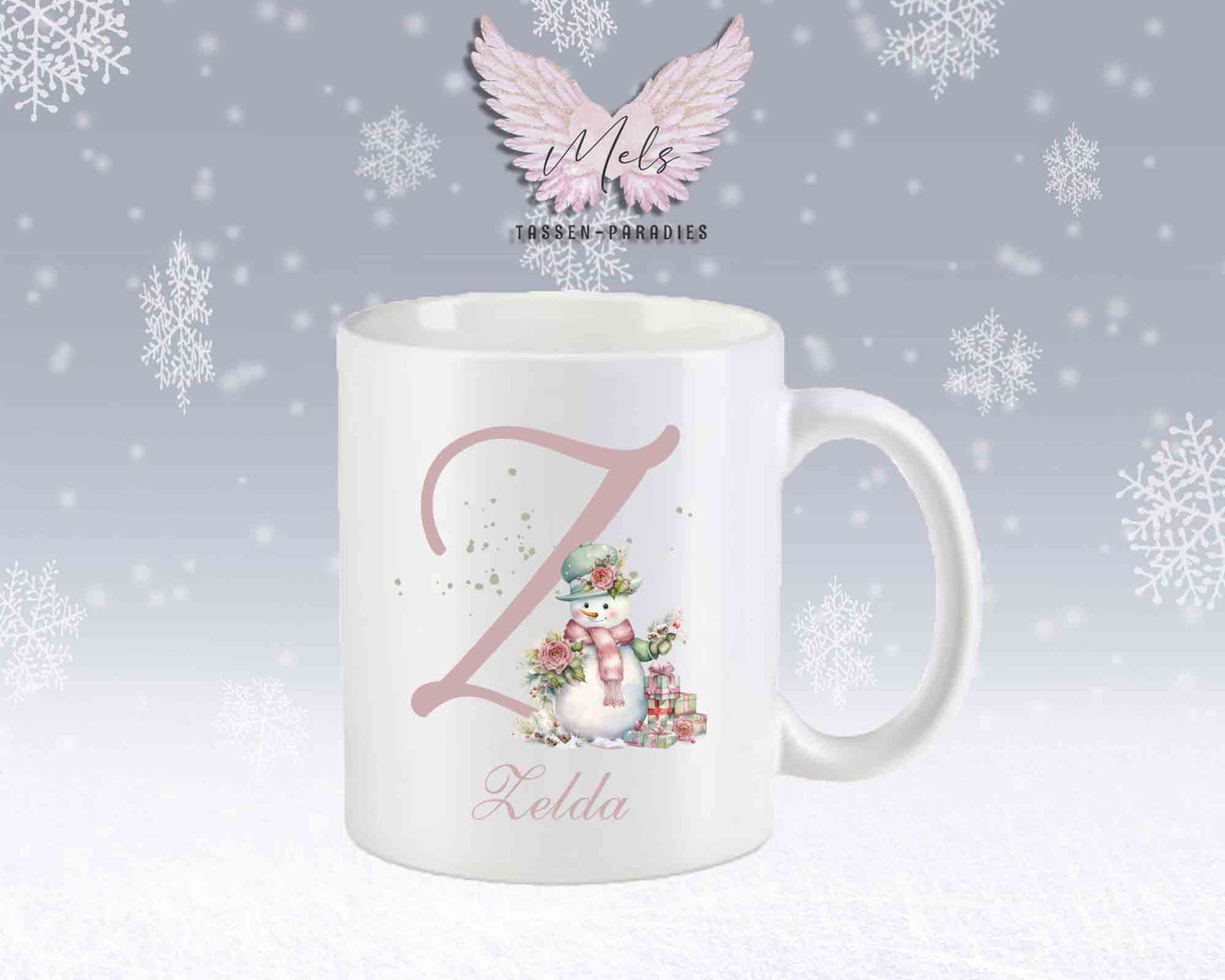 Schneemann Rosa-Alphabet mit Name - Personalisierte Keramik-Tasse Weiß-Matt