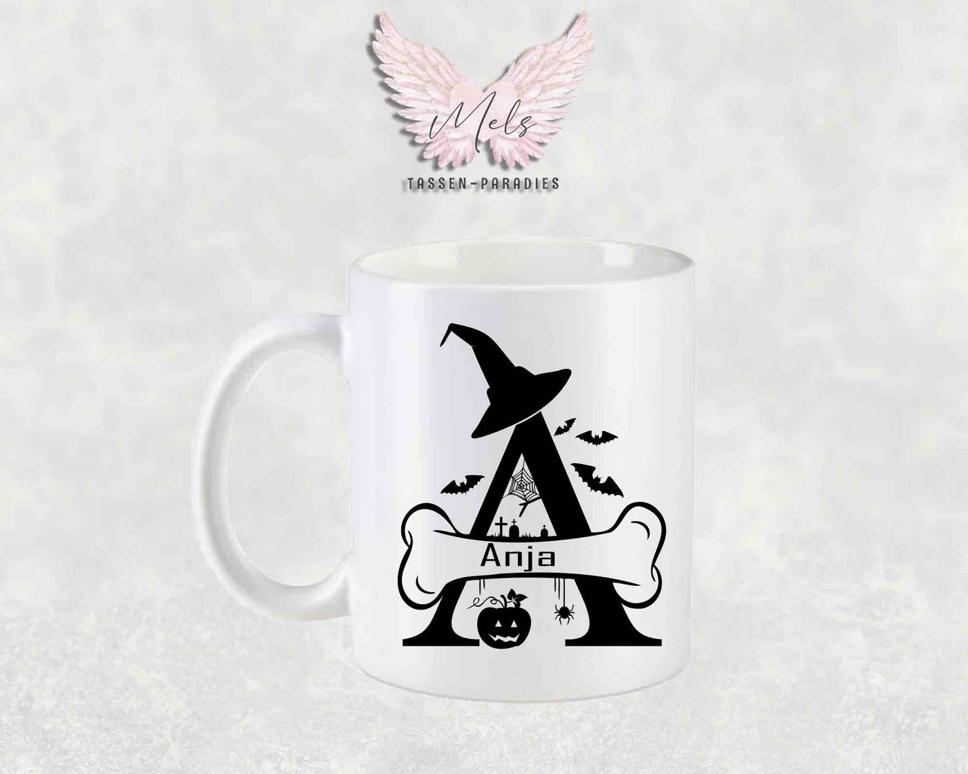 Halloween-Alphabet mit Name - Personalisierte Keramik-Tasse Weiß-Matt