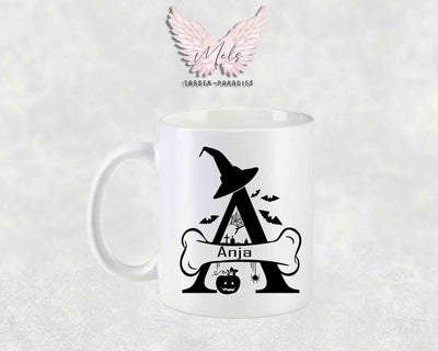 Halloween-Alphabet mit Name - Personalisierte Keramik-Tasse Weiß-Matt