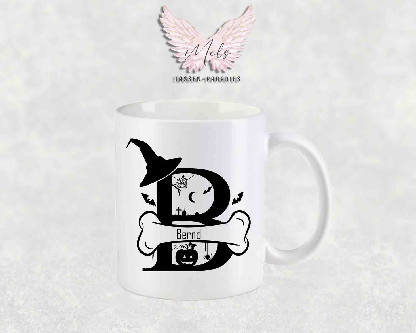 Halloween-Alphabet mit Name - Personalisierte Keramik-Tasse Weiß-Matt