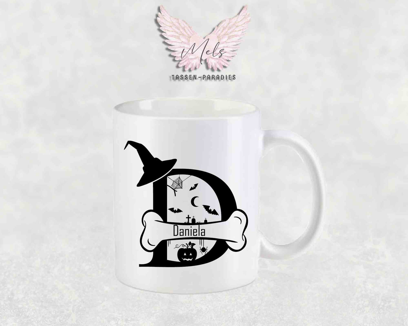 Halloween-Alphabet mit Name - Personalisierte Keramik-Tasse Weiß-Matt