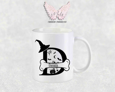 Halloween-Alphabet mit Name - Personalisierte Keramik-Tasse Weiß-Matt
