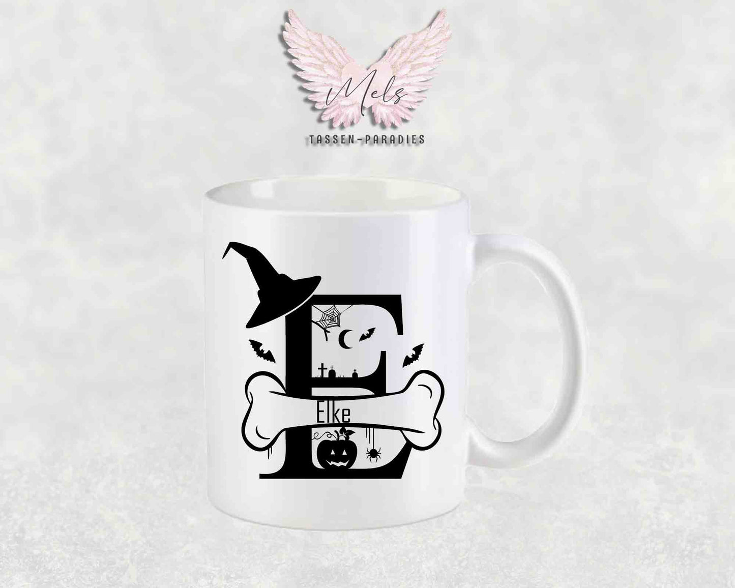 Halloween-Alphabet mit Name - Personalisierte Keramik-Tasse Weiß-Matt