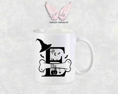 Halloween-Alphabet mit Name - Personalisierte Keramik-Tasse Weiß-Matt