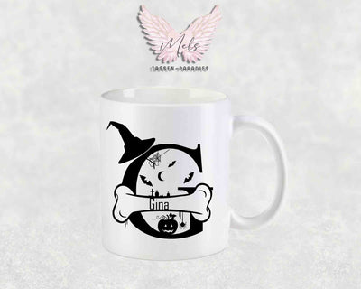 Halloween-Alphabet mit Name - Personalisierte Keramik-Tasse Weiß-Matt