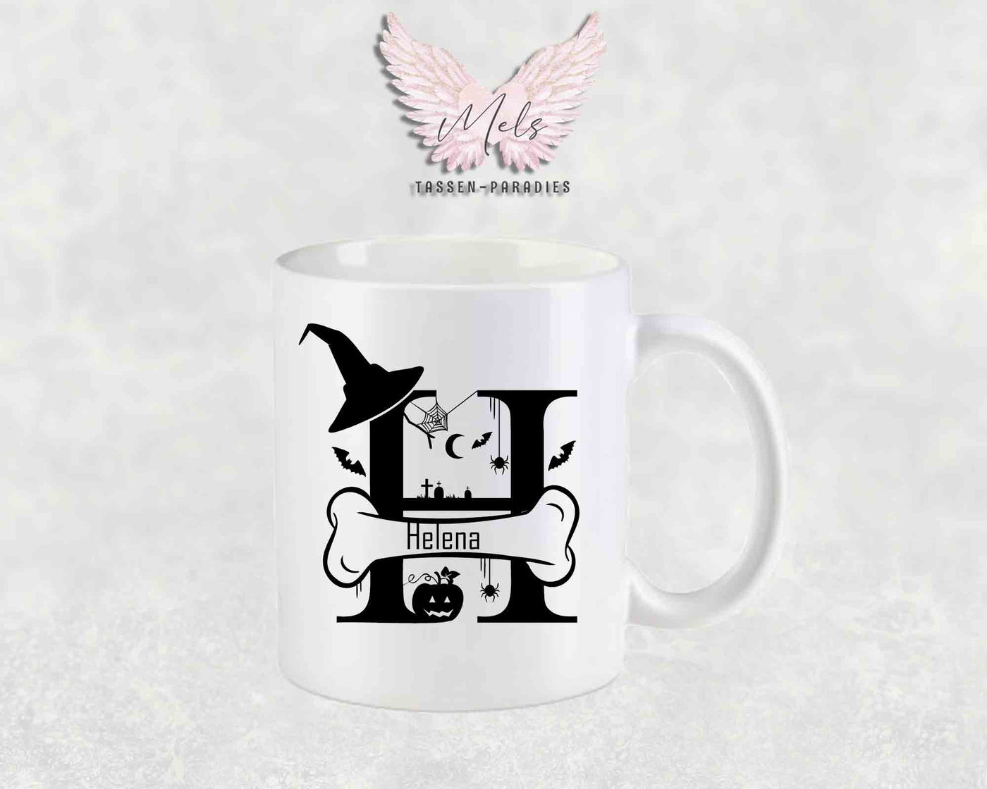 Halloween-Alphabet mit Name - Personalisierte Keramik-Tasse Weiß-Matt