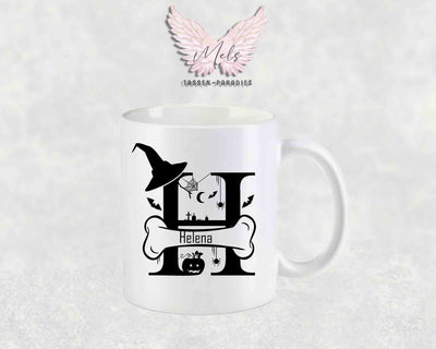 Halloween-Alphabet mit Name - Personalisierte Keramik-Tasse Weiß-Matt