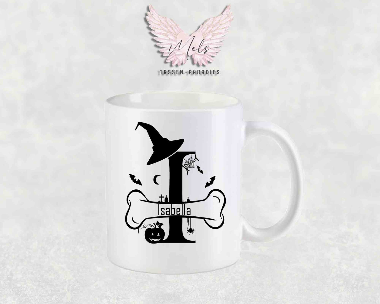 Halloween-Alphabet mit Name - Personalisierte Keramik-Tasse Weiß-Matt