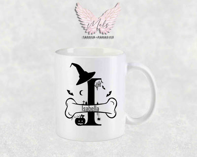 Halloween-Alphabet mit Name - Personalisierte Keramik-Tasse Weiß-Matt
