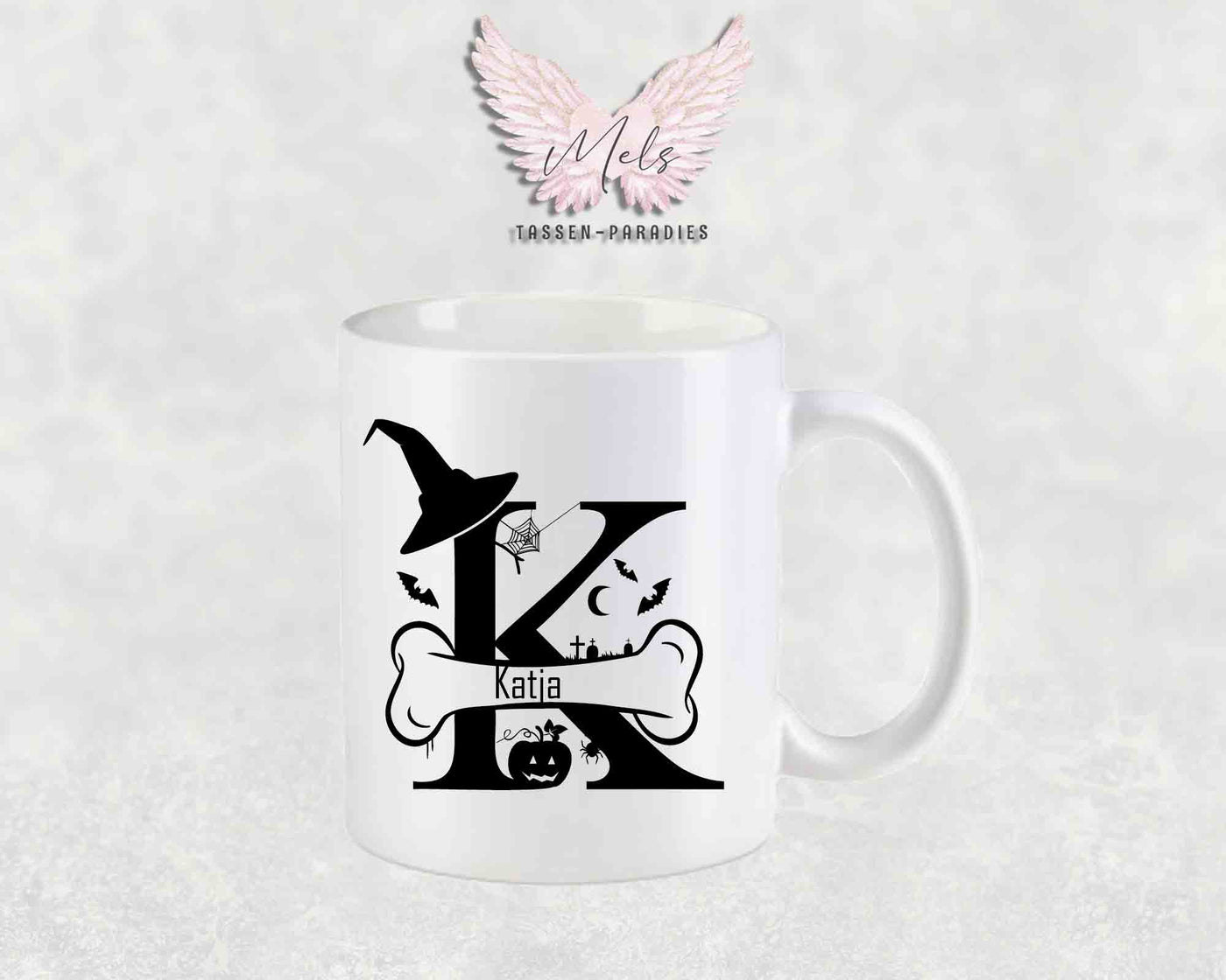 Halloween-Alphabet mit Name - Personalisierte Keramik-Tasse Weiß-Matt