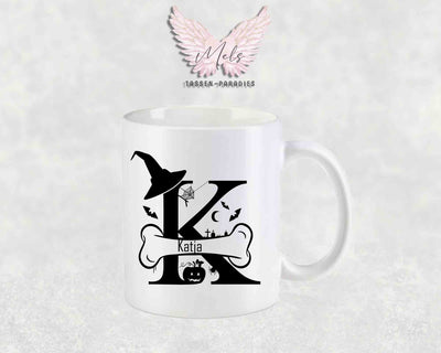 Halloween-Alphabet mit Name - Personalisierte Keramik-Tasse Weiß-Matt