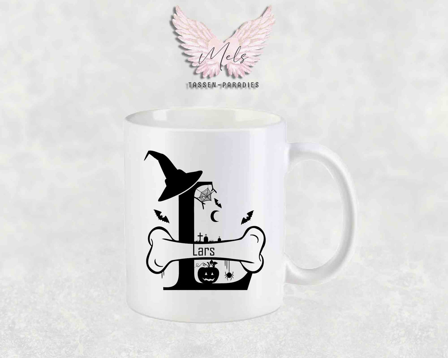 Halloween-Alphabet mit Name - Personalisierte Keramik-Tasse Weiß-Matt