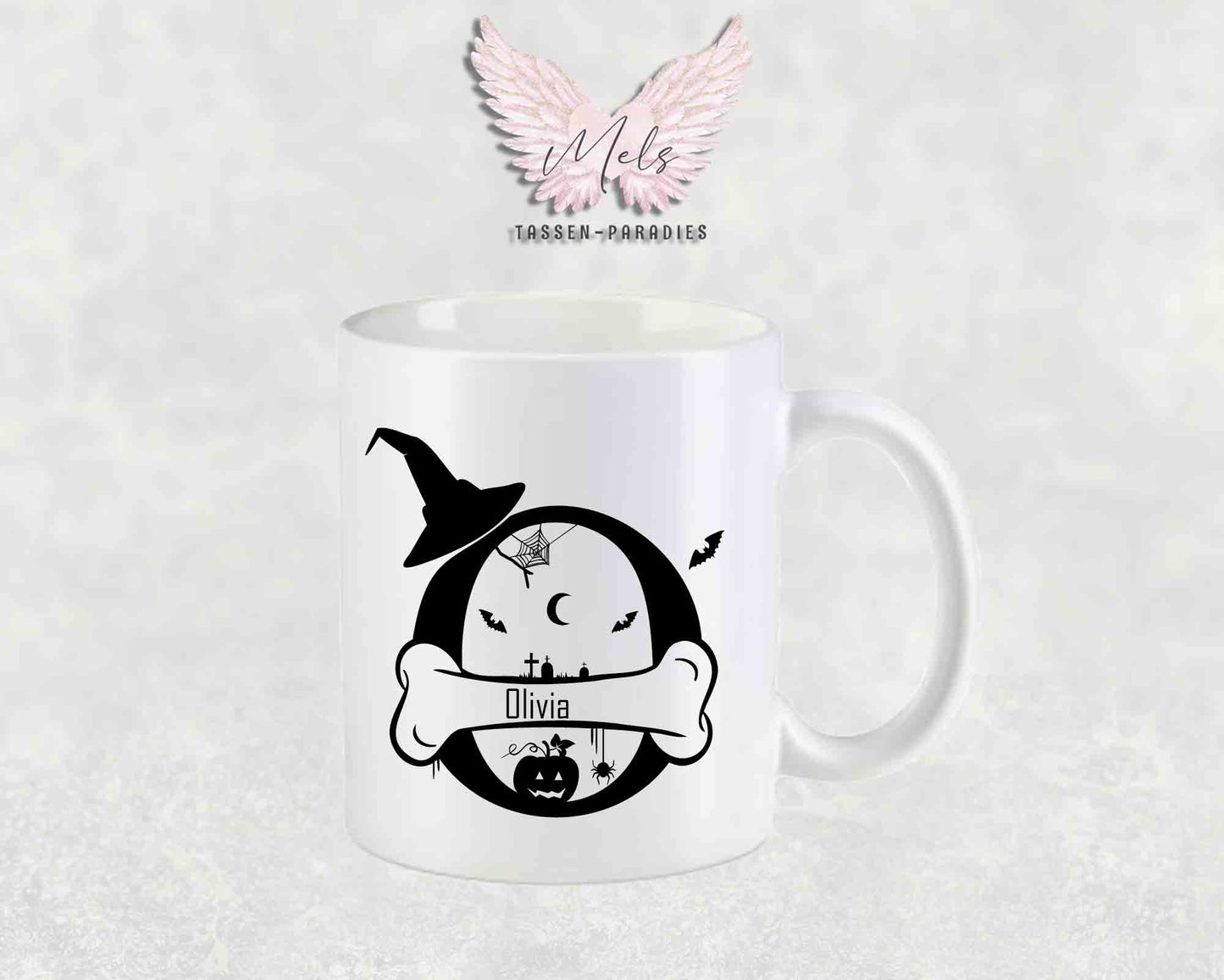 Halloween-Alphabet mit Name - Personalisierte Keramik-Tasse Weiß-Matt