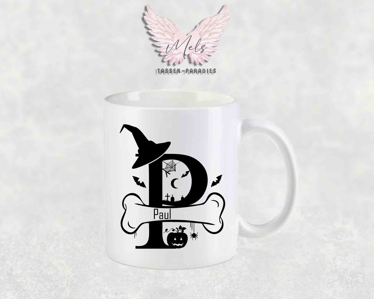 Halloween-Alphabet mit Name - Personalisierte Keramik-Tasse Weiß-Matt