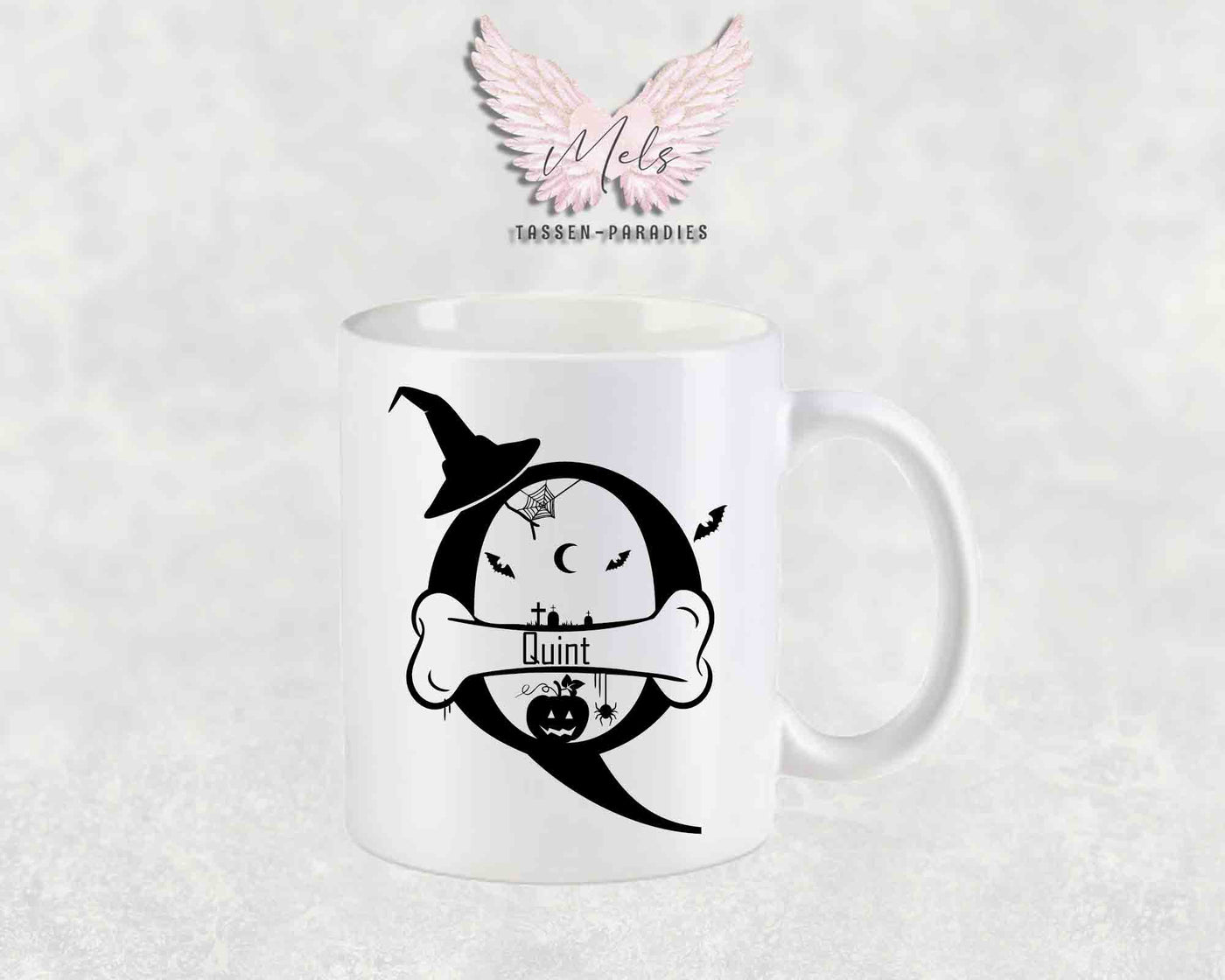 Halloween-Alphabet mit Name - Personalisierte Keramik-Tasse Weiß-Matt