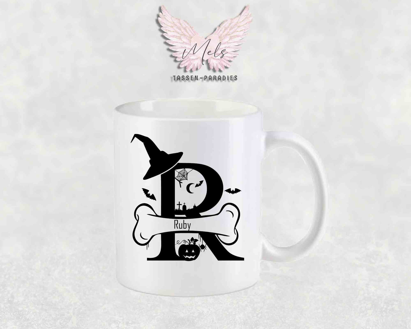 Halloween-Alphabet mit Name - Personalisierte Keramik-Tasse Weiß-Matt