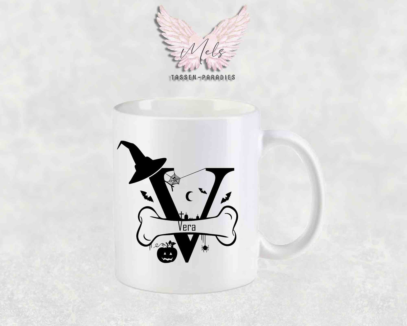 Halloween-Alphabet mit Name - Personalisierte Keramik-Tasse Weiß-Matt