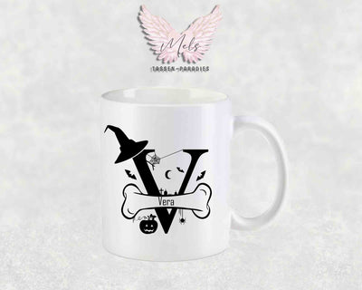 Halloween-Alphabet mit Name - Personalisierte Keramik-Tasse Weiß-Matt