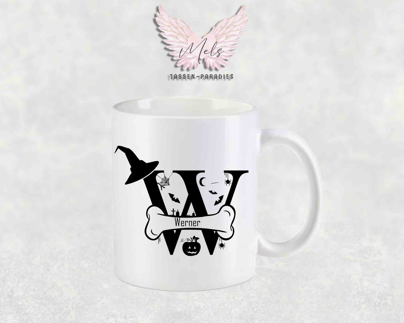 Halloween-Alphabet mit Name - Personalisierte Keramik-Tasse Weiß-Matt