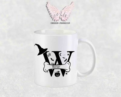 Halloween-Alphabet mit Name - Personalisierte Keramik-Tasse Weiß-Matt