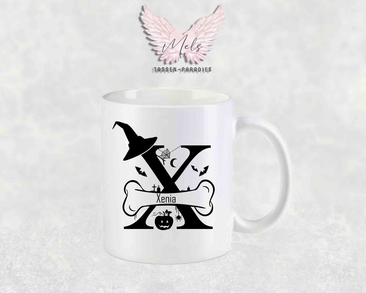 Halloween-Alphabet mit Name - Personalisierte Keramik-Tasse Weiß-Matt