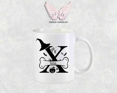 Halloween-Alphabet mit Name - Personalisierte Keramik-Tasse Weiß-Matt