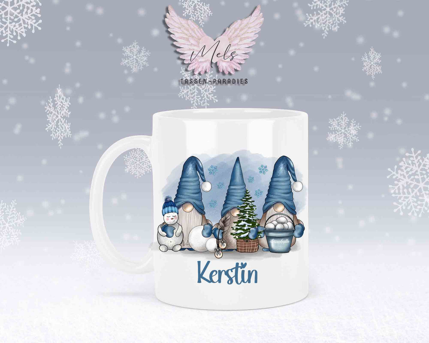 Tasse mit süßen Wichtel in Blau mit oder ohne Wunschname