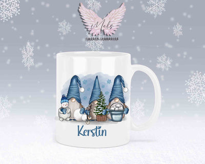 Tasse mit süßen Wichtel in Blau mit oder ohne Wunschname