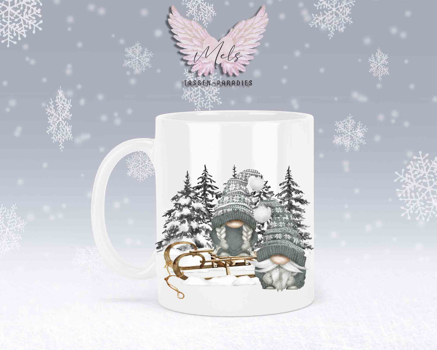 Tasse mit Wichtel und Schlitten – mit oder ohne Wunschname
