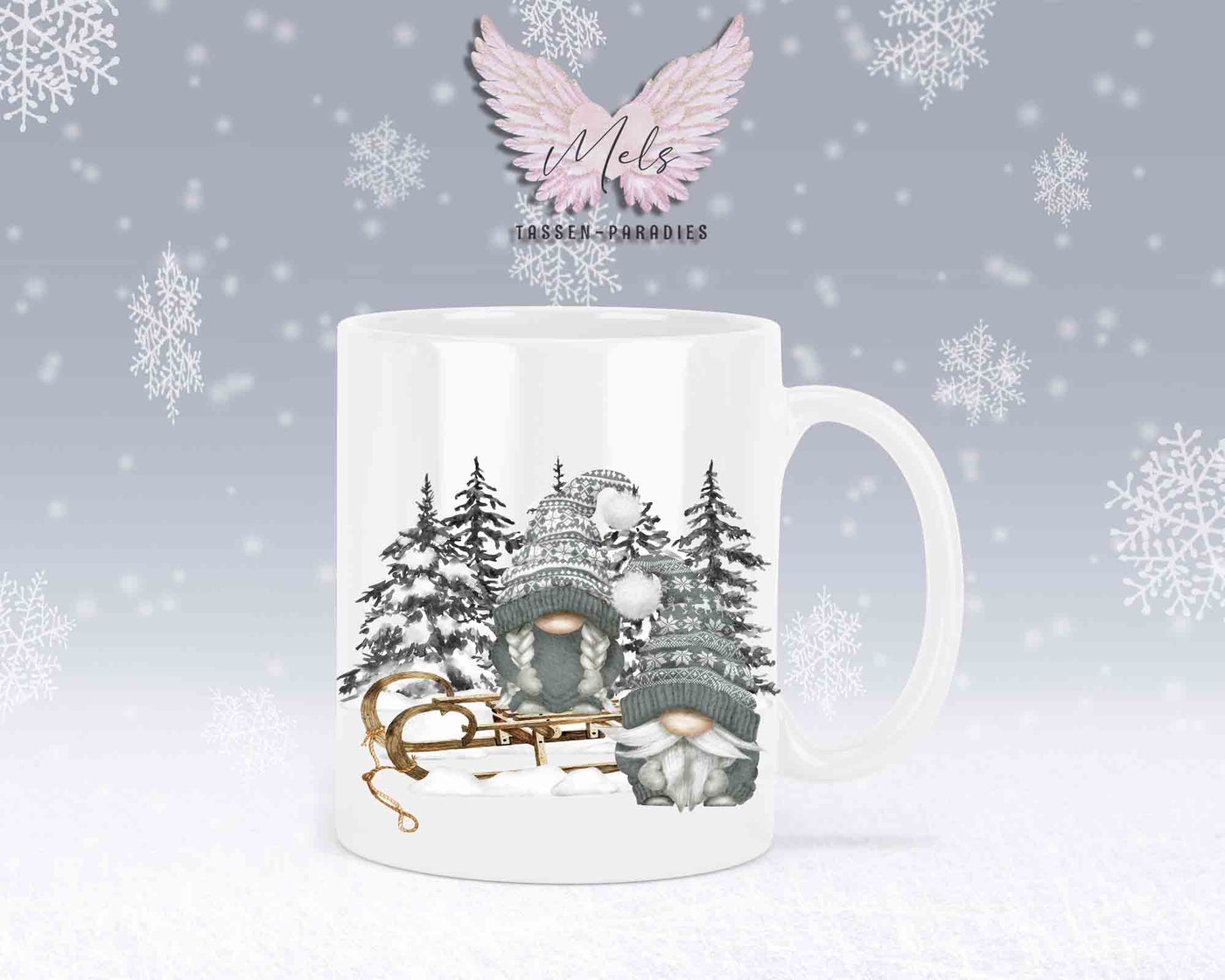 Tasse mit Wichtel und Schlitten – mit oder ohne Wunschname