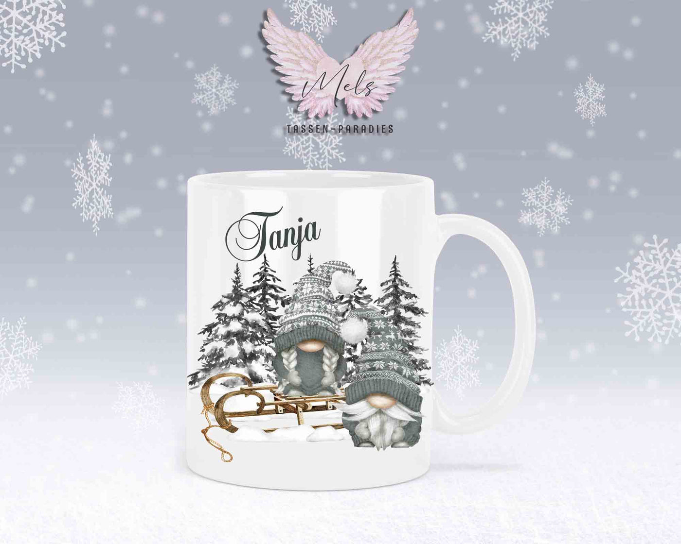 Tasse mit Wichtel und Schlitten – mit oder ohne Wunschname