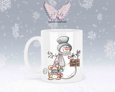 Tasse mit Schneemann und süßer Maus – mit oder ohne Wunschname