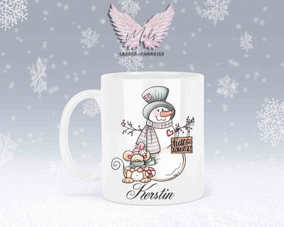 Tasse mit Schneemann und süßer Maus – mit oder ohne Wunschname