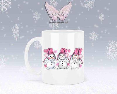 Tasse mit süßen Schneemänner mit rosa Mütze– mit oder ohne Wunschname